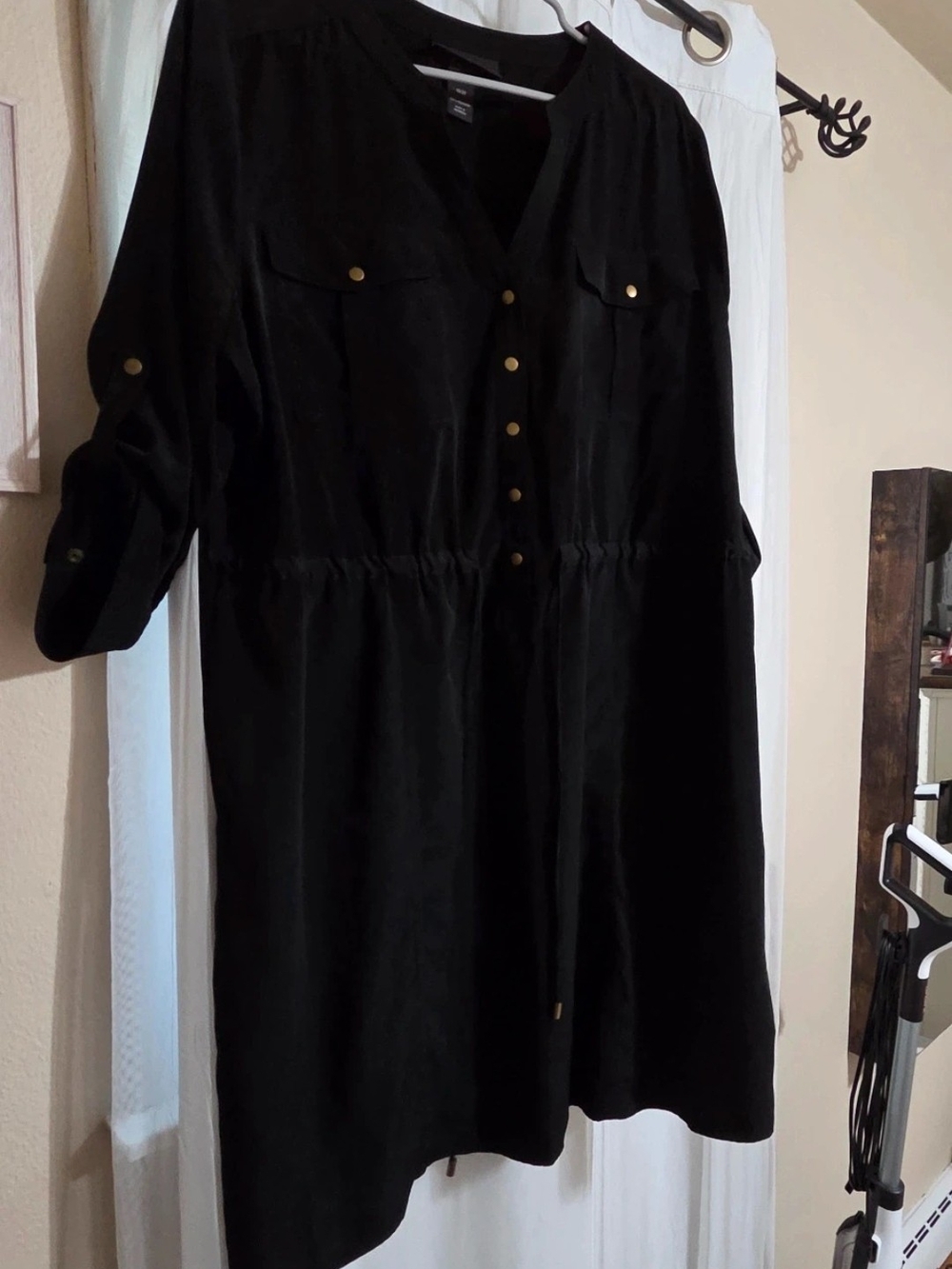 Black Button-Front Women's Dress with Drawstring Waist